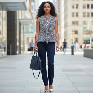 Talbots Sleeveless Peplum Top Blue White Print Tie Waist Side Zip Size S